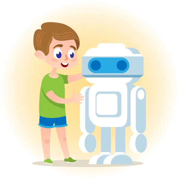 Умный мальчик с роботом. Плоская векторная иллюстрация . — стоковый вектор