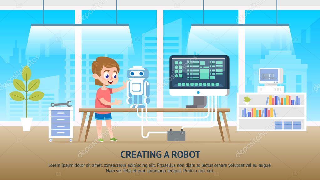 School Kid Character Creating a Robot at Classroom