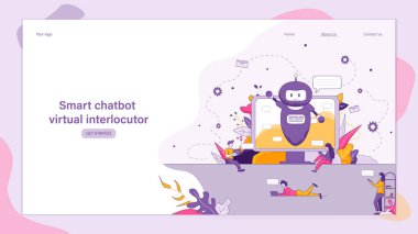 Şekil akıllı sohbet etmek sanal muhatap. Afiş vektör görüntü Online Teknik destek şirketi. Hızlı, sorunuzun Robot tarafından. Grup insanlar kim kullanım iletişim hizmetleri bölümü ile.