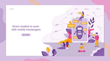 Mobil mesajlaşma programları ile çalışma düz akıllı sohbet etmek. Vektör çizim cep telefonu ekran sohbet açma iletişim ile. Robot otomatik olarak Online grup insanlar için yanıt verir. Erkekler ve kadınlar aygıtını kullan