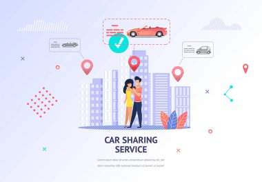İllüstrasyon Loving Çift Araba Hafta sonu Yırtılma. Banner Vektör Adam ve Kadın Sarılma. Guy Rent Romantic Trip için Araba Seçmek için Araba Paylaşım Servisi Mobil App kullanır. Müşteri Konumuna Taşıma