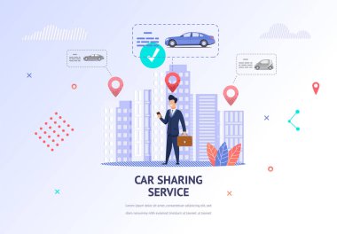 Araba Kiralama için seçtiğiniz illüstrasyon iş adamı. Takım afiş vektör genç adam. Mobil uygulama araba paylaşımı hizmeti kullanın. Arama en yakın araba kiralama için toplantı iş gezisi. Karakteristik