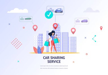 Illustration Girl Looking Nearest Location Car. Banner Vector Young Woman with Purchase Hand Using Car Sharing Service Mobile Application to Find Nearest Car Rental. Technical Specifications Transport