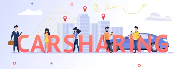 Illustration Group People Menggunakan Carsharing Service Vektor Image Man Dan - Stok Vektor