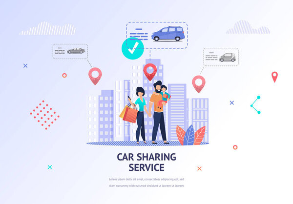 Иллюстрация Happy Family Looking Car for Rent. Баннер вектор отец держать ребенка в руке, мама использует сервис совместного использования автомобилей мобильное приложение для выбора автомобиля. Технические характеристики. Ближайшее местоположение
