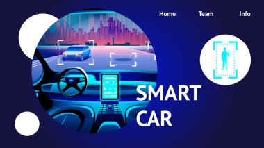 Smart Car Interior. Vector Illustration of Artificial Intelligence Driverless Safety System with HUD Interface. Futuristic Automobile Cockpit wit GPS highway Transport Display Control. clipart