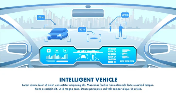 Yapay akıllı Selfdriving araç kokpit görünümü. Vektör afiş çizim. Gelişmiş navigasyon sistemi ile özerk elektrikli otomobil iç. İnsanlar güvenli taşıma ağı.