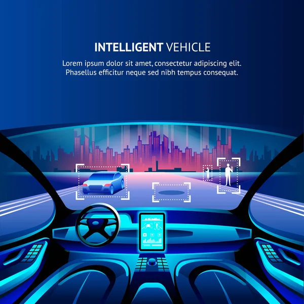 Intelligent Vehicle Cockpit Cityscape View Vector Illustration Autonomus Smart Car — Stock Vector