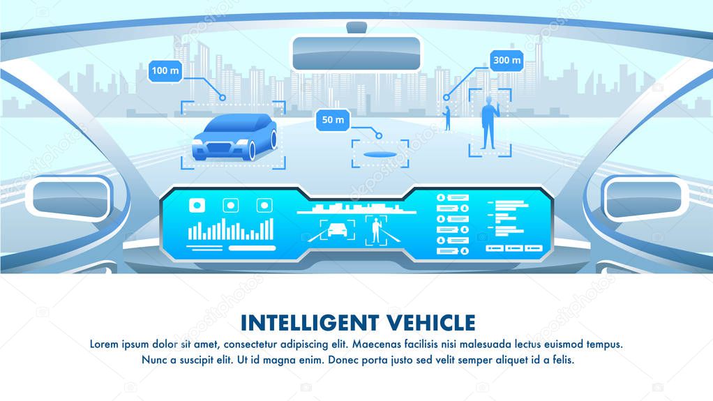 Artificial Intelligent Selfdriving Vehicle Cockpit View. Vector Banner Illustration. Autonomous Electric Car Interior with Advanced Navigation System. People Safe Transport Network.