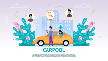 İllüstrasyon Guy ve Kız Sarı Araba, Carpool. Vektör Görüntü Genç Adam Bir Uygulama Cep Telefonu Arama Fellow Traveler izliyor. Mutlu Kadın Oturan Arka Koltuk Araba Bekleyen Gezi. Cityscape karşı