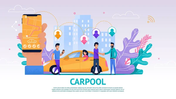 Banner Illustrazione Gruppo Persone Compagno Viaggio Vector Image Carpooling Mappa — Vettoriale Stock