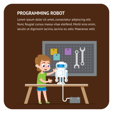Düz afiş programlama robot. Genç bir mühendis çocuk