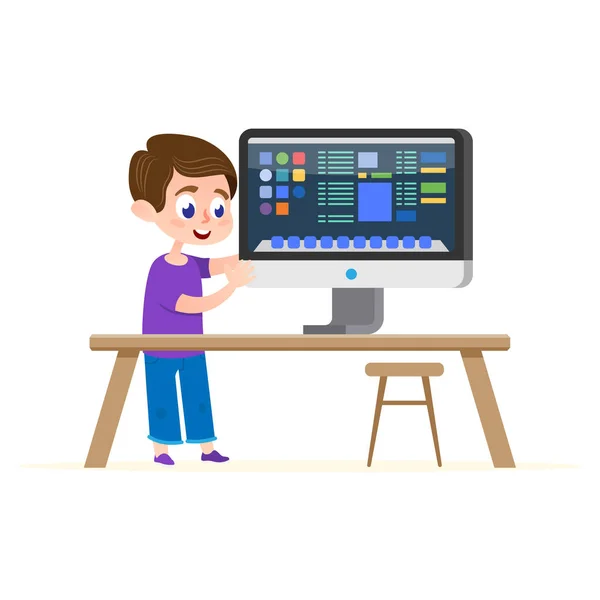 Educação Informática. Caráter de desenho animado menino plana . —  Vetores de Stock