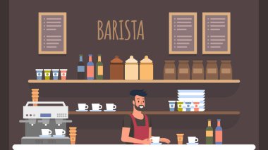 Barista kahve dükkanı iç. Küçük işletme sahibi