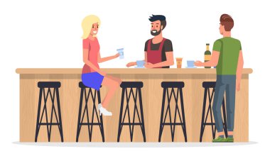 People at Bar Interior. Vector Flat Illustration.