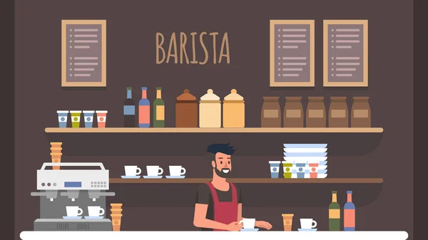 Barista Coffe Shop εσωτερικό. Ιδιοκτήτης μικρής επιχείρησης — Διανυσματικό Αρχείο