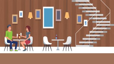 Romantik tarih ve Restoran akşam yemeği. Düz çizgi film.