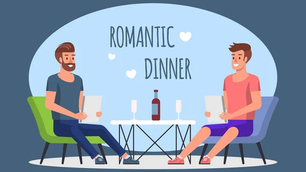 Romantic Dinner Cafe Gay Couple Meeting Two Men Sitting Reastaurant — Stock Vector