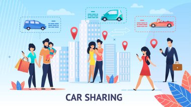 Araba paylaşımı. Kısa geziler aile içinde şehir için. Vektör çizim. Görünümünde gezinirseniz şehir rahat elektrikli araba. Modern mobil uygulama sipariş ücretsiz araba. Elektrikli Araçlar dakika Kiralama.