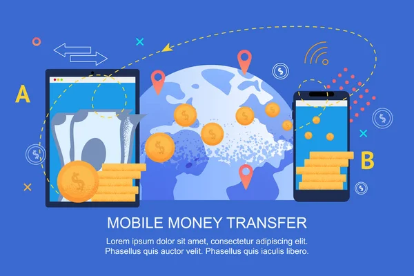 Trasferimento Denaro Mobile Successo Commerciale Applicazione Mobile Denaro Moneta Globale — Vettoriale Stock