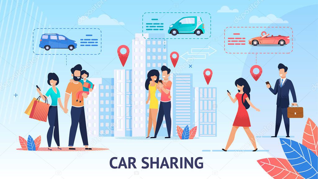 Car Sharing. Short Trips for Family Inside City. Vector Illustration. View around City Comfortable Electric Car. Modern Mobile Application Ordering free Car. Per Minute Rental of Electric Vehicles.