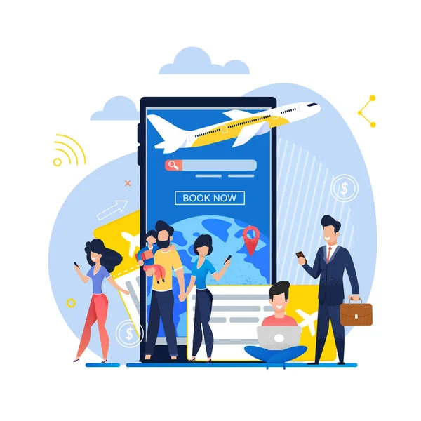 Banner Illustration Application mobile Réservez maintenant sur avion — Image vectorielle