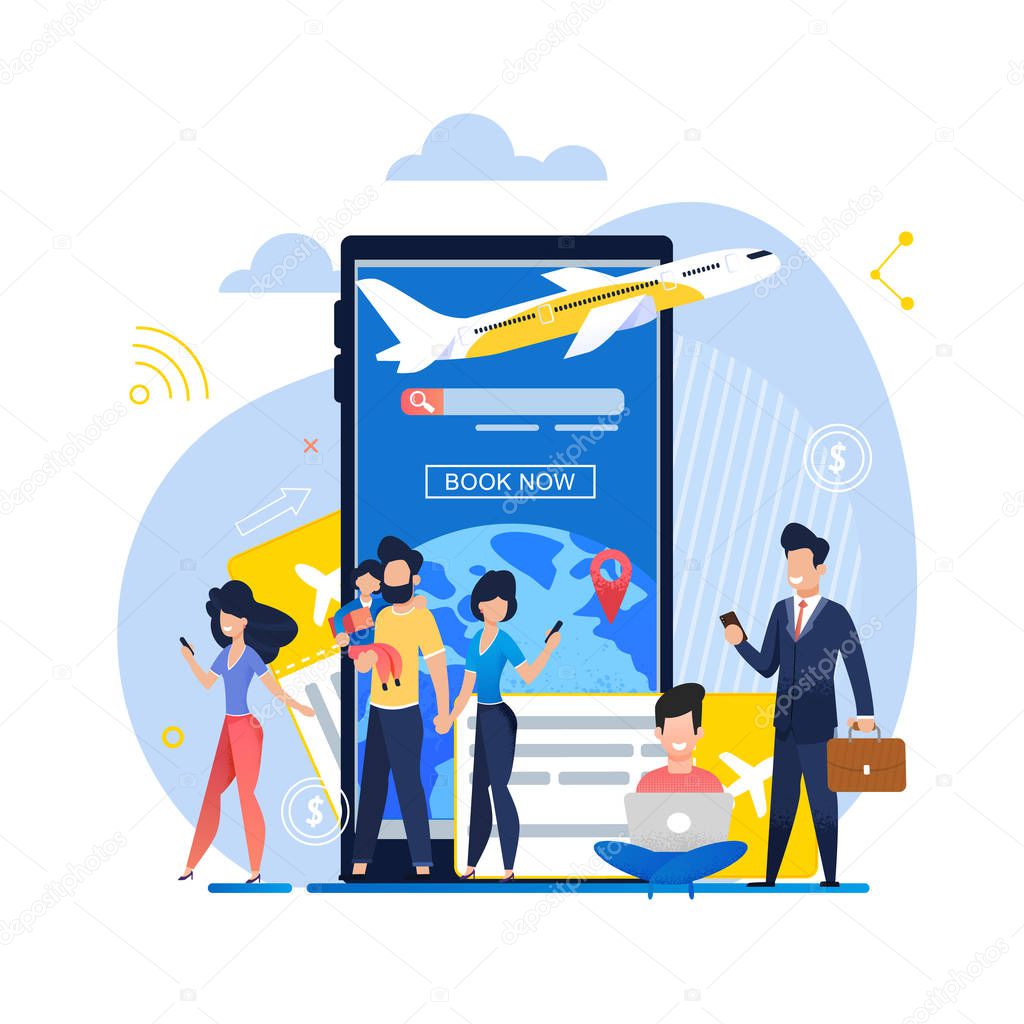 Banner Illustration Mobile App Book Now on Plane