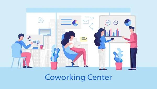 Centre de coworking. Location d'espace de travail à tout moment . — Image vectorielle