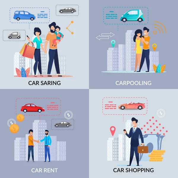 Partage de voiture. Location de voiture. Covoiturage. Faire du shopping. Application . — Image vectorielle