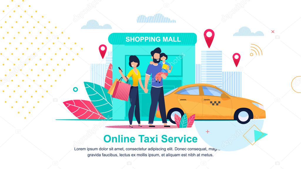 Shopping Mall. Online Taxi Service. Streets City.