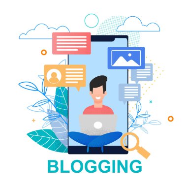 Düz illüstrasyon Blogging. Smartphone ekran.
