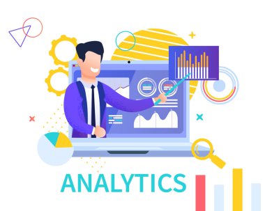 Beyaz arka plan üzerinde düz afiş Analytics. Vektör