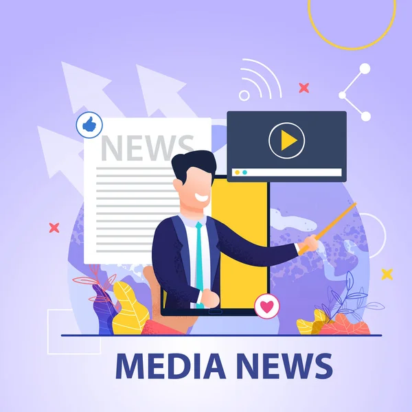 Τετράγωνη επίπεδη Banner Media News σε μπλε φόντο — Διανυσματικό Αρχείο