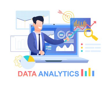 Veri Analytics. Mavi elbiseli genç işadamı.