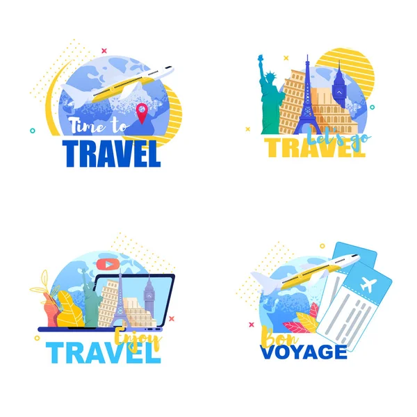 Flat Set Banner Illustration Travel Around Earth — Stock Vector