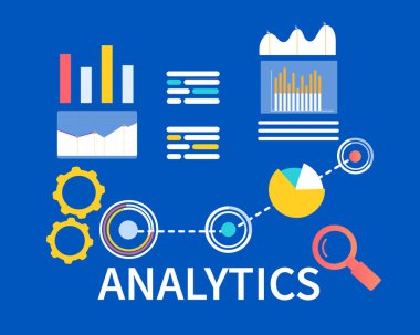 Düz afiş Analytics mavi zemin üzerine. Vektör