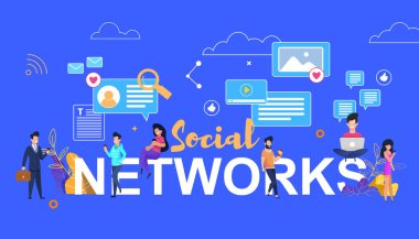 Sosyal ağlar. Üzerinde büyük harflerle oturan insanlar.