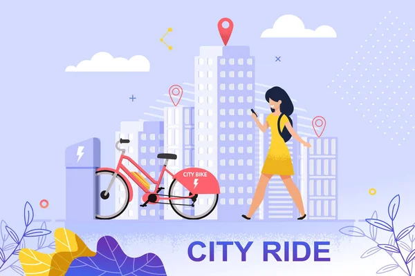 Plochou Banner City Ride červené kolo parkoviště. — Stockový vektor