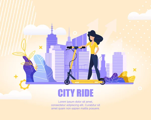 Banner plano Deporte Chica en Scooter en City Ride . — Archivo Imágenes Vectoriales