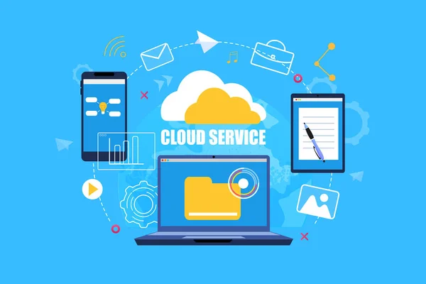 Flachbanner Cloud Service auf blauem Hintergrund. — Stockvektor