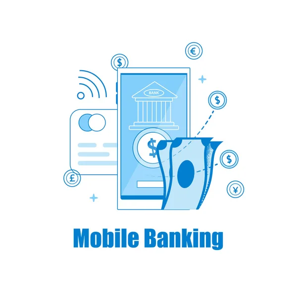 Mobila banktjänster. Mobilbanken på displayen och pengar. — Stock vektor
