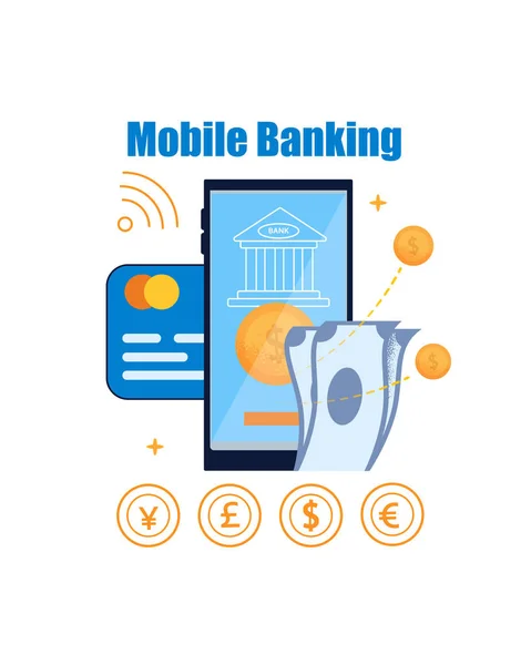 Plochá Banner mobilní bankovnictví na bílém pozadí. — Stockový vektor