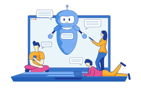 Fiatal férfiak és nők írni üzeneteket használ a Chatbot. — Stock Vector