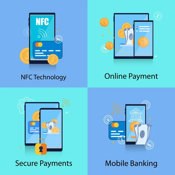 Set Flat Banner Tecnologia Nfc. Mobile Banking . — Vettoriale Stock