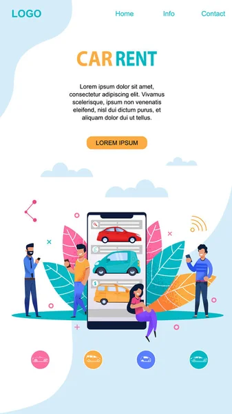Car Rent Mobile Page Layout. Flat App Template. — Stock Vector