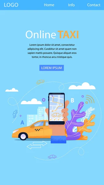 オンライン タクシー フラット モバイル ランディングします。スマート フォンの画面 — ストックベクタ