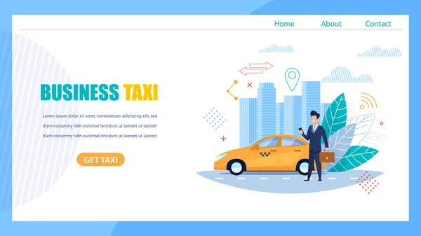 Business Taxi Landing Page. Hombre esperando por el coche . — Archivo Imágenes Vectoriales