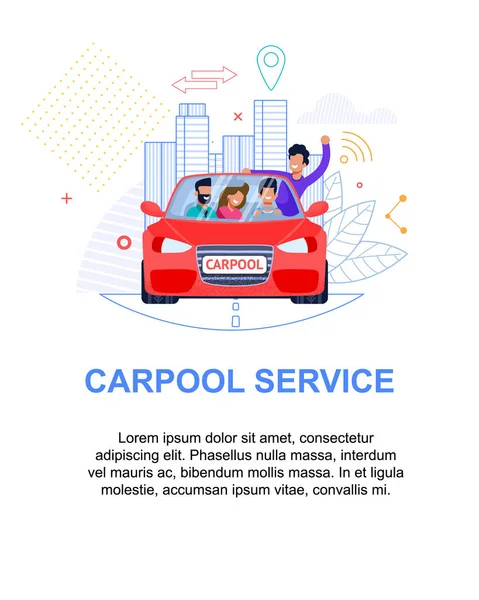 Carpool Service Banner. Red Car with People. Flat — Stock Vector