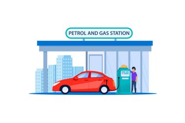 Petrol ve benzin Istasyonunda kırmızı araba. Dolum Servisi