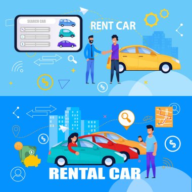 Rent Car düzen seti. İnsanlar karakter düz Banner.